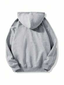 Solid Drop Shoulder Drawstring Hoodie,Long Sleeve Tops - Light Grey - View 3