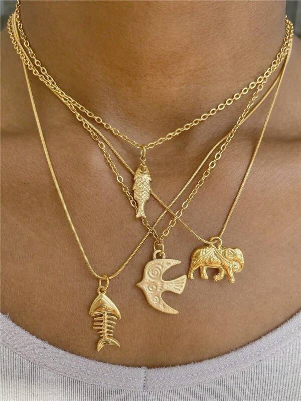 1 pieza Collar con colgante de acero inoxidable con elemento oceánico de pez, elefante o golondrina, collar de playa de verano, adecuado para uso diario, mejor regalo para mujeres