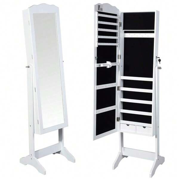 Bakaji Specchiera Portagioie Armadietto Portagioielli Specchio con Anta Porta Oggetti e Cassetti Colore Bianco, Armadio Organizer Porta Gioielli