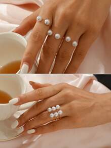 Juego De 3 Anillos Decorativos De Perlas Falsas - Blanco - Ver 5