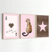 Set Of 3 Unframed Pink Leopard Playing Card Cheetah Star Preppy Art Poster Canvas Print Minimalist Y2K Luxury Girly Room Dopamine Decor Funky Painting For Dorm,Living Room,Bedroom,Modern Home Decoration