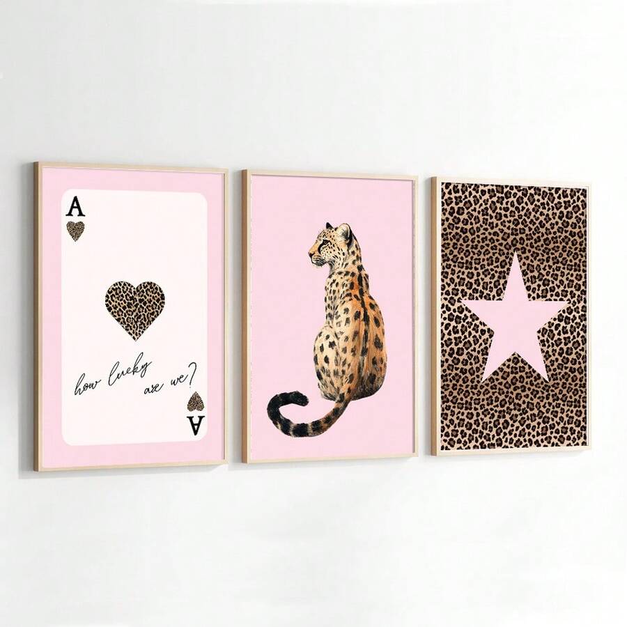 Set Of 3 Unframed Pink Leopard Playing Card Cheetah Star Preppy Art Poster Canvas Print Minimalist Y2K Luxury Girly Room Dopamine Decor Funky Painting For Dorm,Living Room,Bedroom,Modern Home Decoration