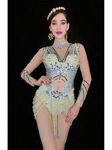 Glamorous Rhinestone  For Celebrity Birthday Party & Stage Performance With Sexy Pearl Hollow Waist Outfit Evening Dresses - Ngà voi - Xem 7