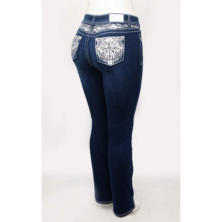 Women's Rhinestone Bootcut Jeans - 深色水洗藍 - 查看 1