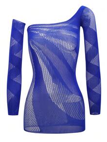 女士性感内衣套装，包括渔网文胸、长袖网纱吊带裙、镂空弹力睡衣和异域风情沙滩罩衫 - 藍色 - 查看 6