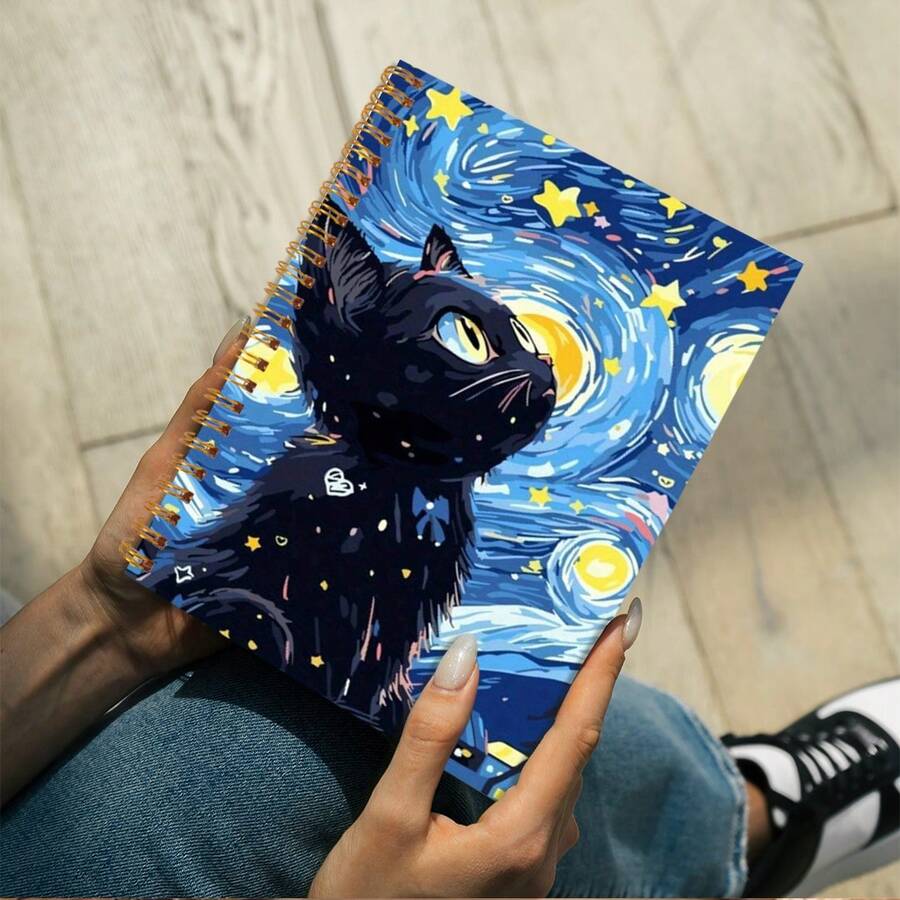1 Set Starry Night Black Cat Spiral Notebook, Mixed Color, Paper Material, Comes With Scrapbook Set, Suitable For School, Office Supplies, Friends, Colleagues, Women, Personal Use - 1pc - View 1