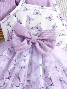 Baby Girls' Elegant Ruffle Trim Long Sleeve Butterfly Embroidered Jacket Paired With Minimalist Butterfly Print Mesh Dress 2pcs Set - Purple - View 7