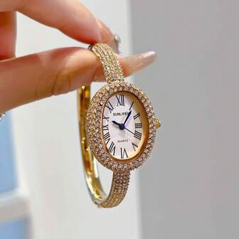 1pc Women's Luxury Inlaid Rhinestones Oval Roman Numeral Dial Bracelet Watch, Suitable For Social Gatherings, Parties, Daily Wear, Holidays Gifts