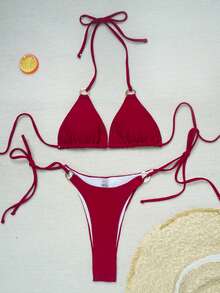 Traje de baño sexy y casual de 2 piezas con escote halter y espalda descubierta, conjunto de bikini para verano