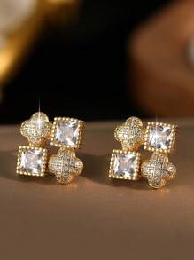 1pair Fashionable & Elegant Lucky Copper Setting With Cubic Zirconia Four-Leaf Clover Stud Earrings For Women, Suitable For Daily Decoration