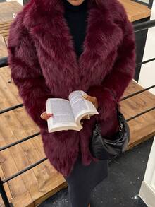 DEEKA 女士加大码仿皮草大衣，保暖宽松，欧美时尚冬季款 - 酒紅色 - 查看 2