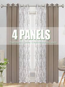 2 件树枝印花 + 2 件纯色遮光窗帘 4 件套，乡村花卉印花装饰窗帘，顶部有不锈钢环，方便安装 - 灰色 - 查看 8