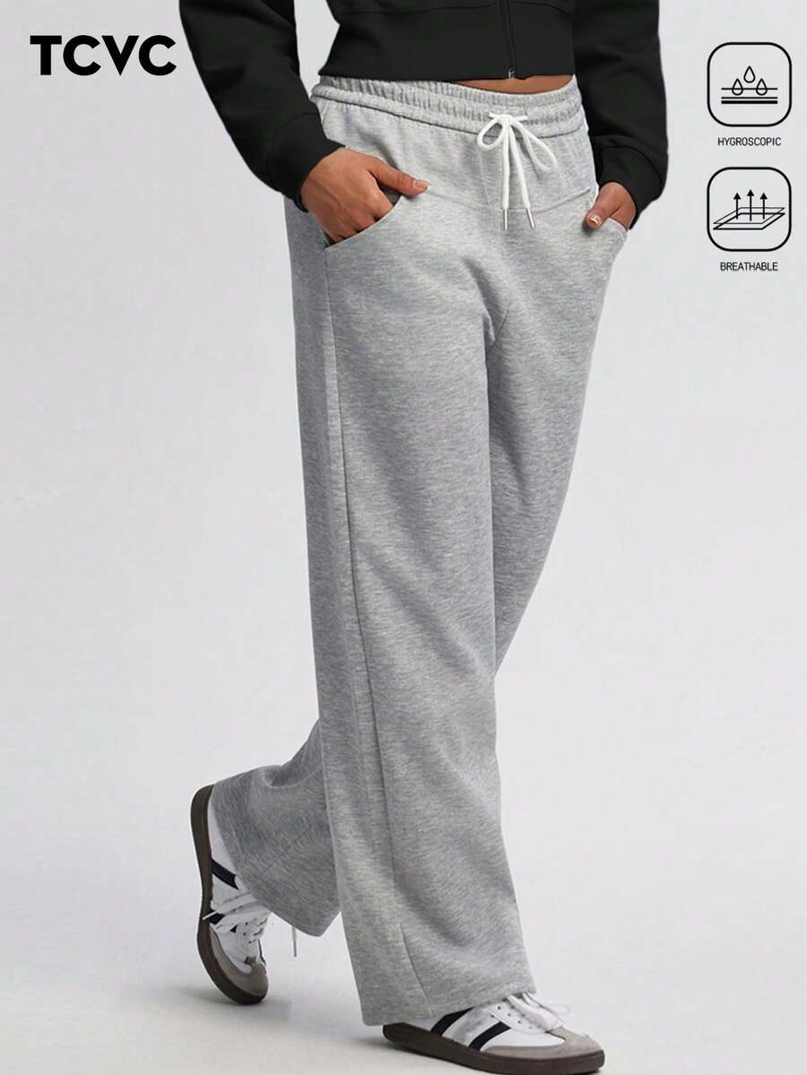 TCVC Women'S Casual High Waist Loose Sweatpants, High Waist Elastic Drawstring Waist, Loose & Comfortable, Suitable For Sports, Workout, Back To School, Casual Wear, Autumn/Winter Tights - Dark Grey - View 1