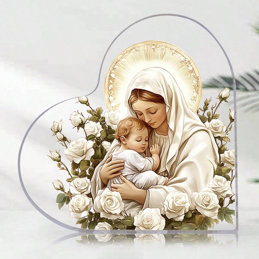 1 pezzo Ornamento da battesimo in acrilico con tema di Gesù e Vergine Maria - Elegante targa decorativa da scrivania con design a forma di cuore, decorazione per il plenilunio di nascita, regalo cristiano per le donne, decorazione per compleanni, ricordo religioso, decorazione per uffici domestici, decorazioni da tavolo