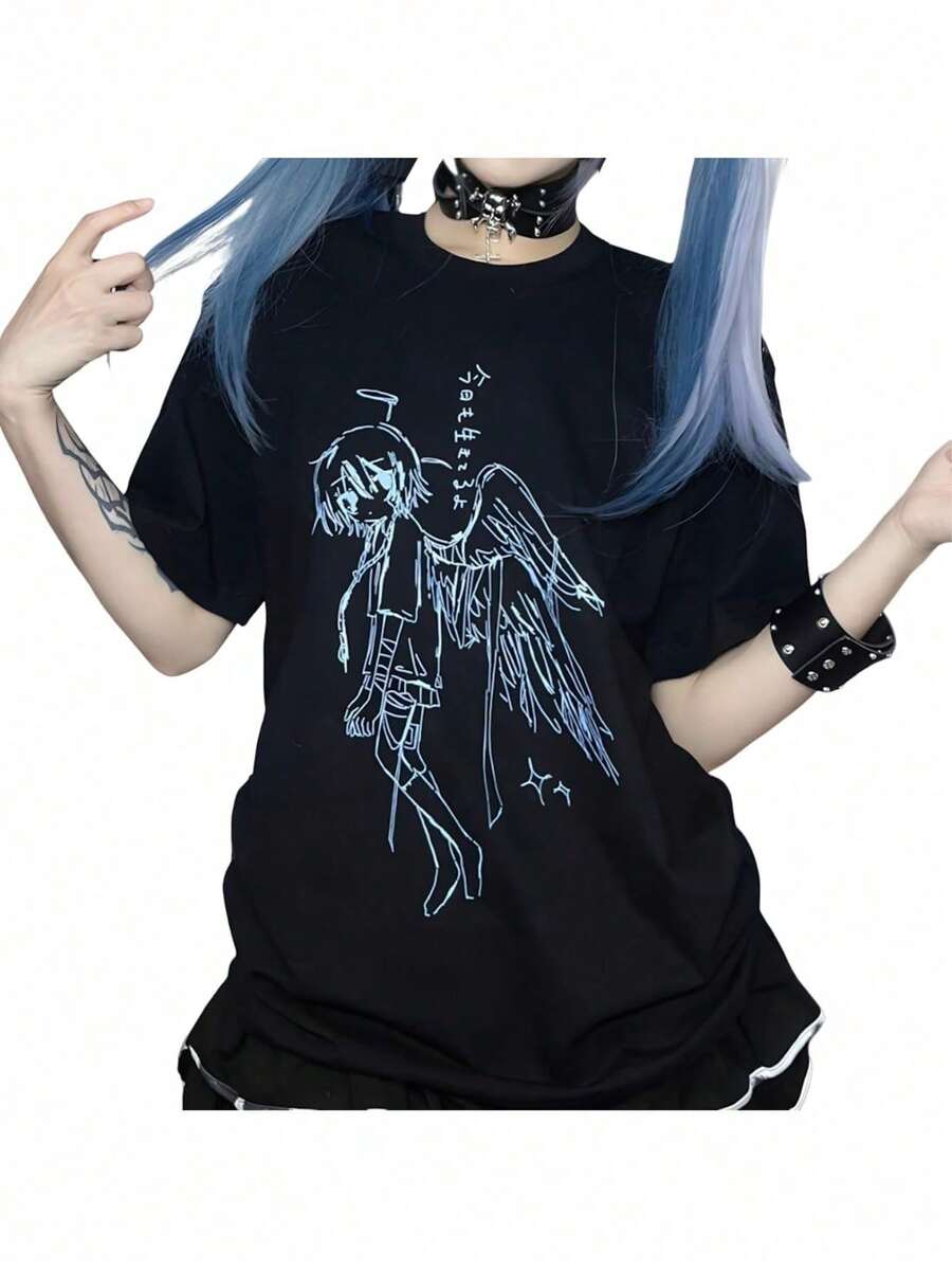 Women Goth Kawaii Clothes Casual Style Soft Crewneck Vintage Cartoon Sketch Fallen Angel Print T-Shirt Tee Top - Black - View 1