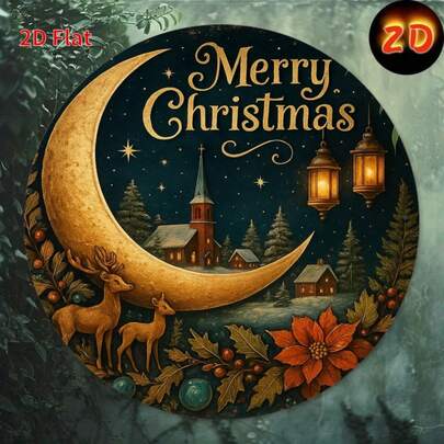 2D Plane, Printing, An Elegant "Merry Christmas" 2D Metal Sign, Round Durable Iron Wall Decoration, Featuring A Festive Moonlight Scene, Lanterns And Pine Trees, Suitable For Indoor/Outdoor Holiday Decorations, Perfect For Christmas And Thanksgiving, Holes Reserved, Style Random