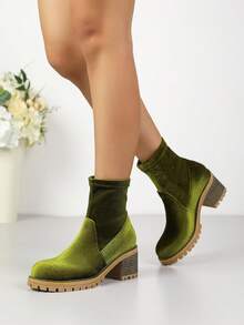 Fall/Winter Vintage Green Chunky High Heel Ankle Boots, Boots For Women - Olive Green - View 2