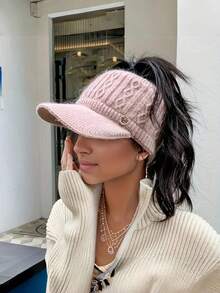 Autumn/Winter Warm Knitted Plush Hat, Oversized Plush Baseball Cap With Ponytail Hole, Suitable For Outdoor Sports Enthusiasts, Brimless Cap, Girls Version