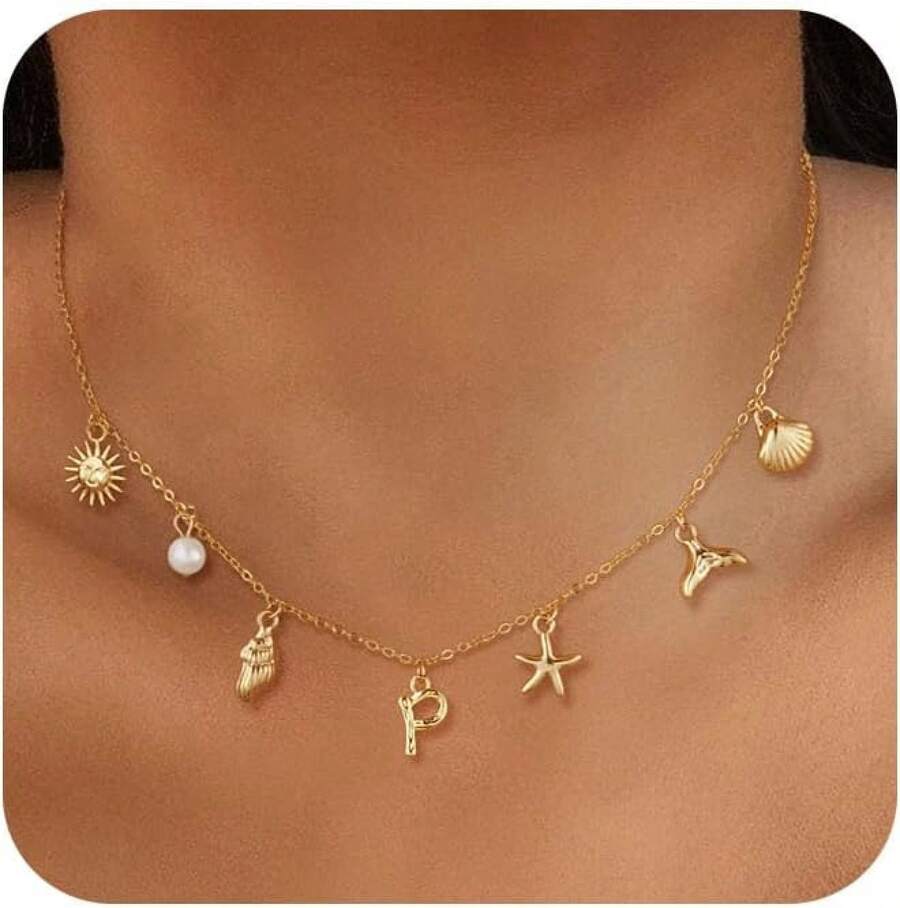 CAROVO Gold Initial Charm Necklace Women Letter A-Z Necklace 14K Gold Plated Charm Pendant Necklace Boho Summer Seashell Beach Starfish Surfer Jewelry - p - 查看 1