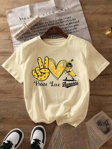 Peace Love Banana  Graphic Printed Casual Round Neck Short Sleeve T-Shirt Women's Summer Tops - 杏色 - 查看 2