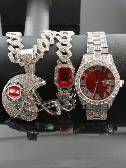 一套3D全钻橄榄球头盔吊坠项链、手链、手表套装，时尚奢华礼盒包装，适合送礼。