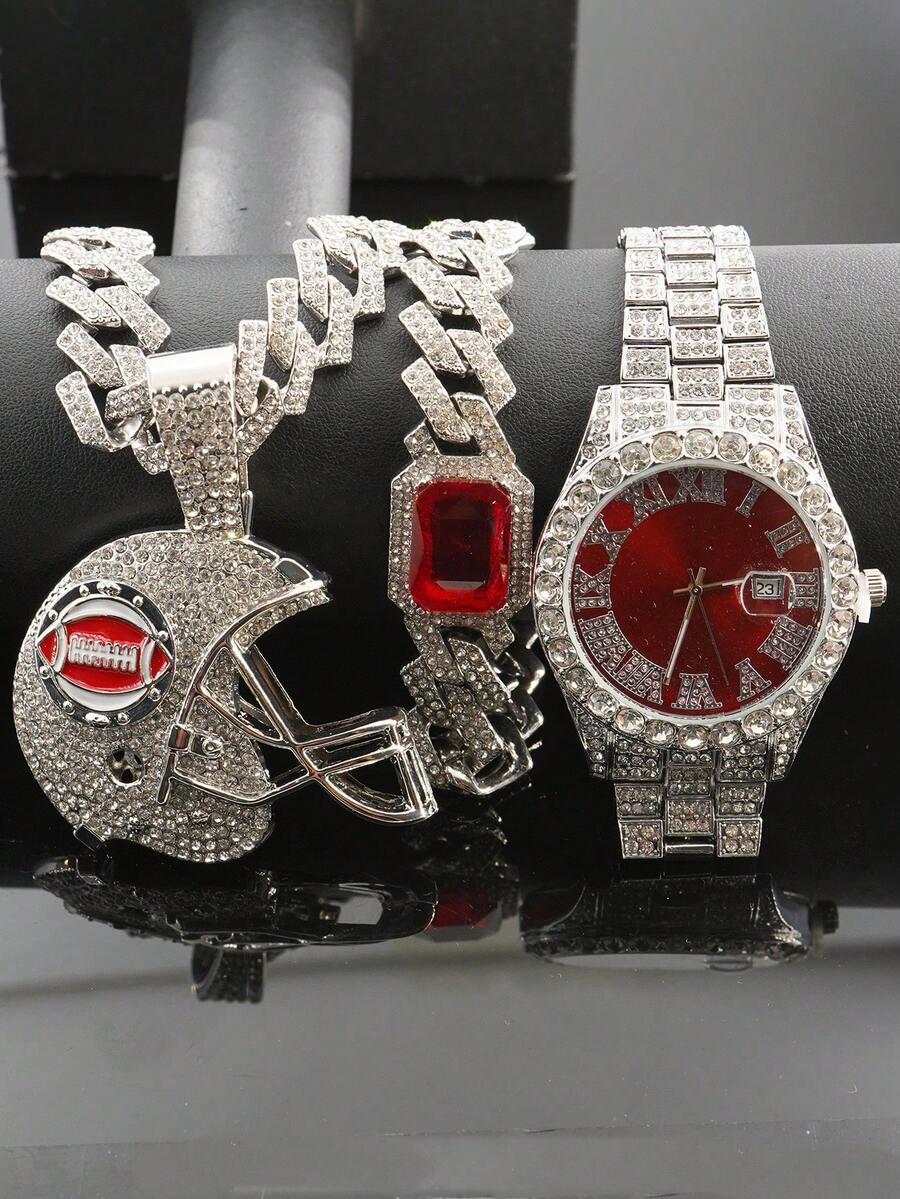 一套3D全钻橄榄球头盔吊坠项链、手链、手表套装，时尚奢华礼盒包装，适合送礼。 - 紅色 - 查看 1