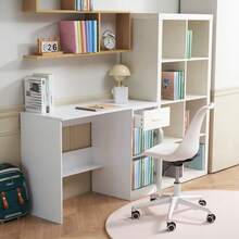 Small Desk With Drawer, Kids Desk For Bedroom, Wooden Simple Study Table For Drawing, Reading, Writing, Rectangle MDF Study Storage Table With Adjustable Shelf For Home, Office, White - White - View 9