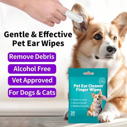 20pcs Pet Ear And Dental Cleaner Finger Wipes, Gentle & Effective For Cats And Dogs