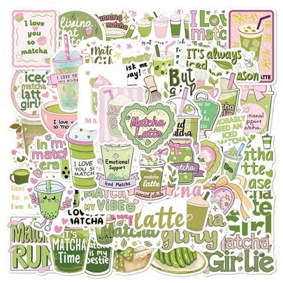 50张可爱珍珠奶茶贴纸，美观抹茶贴纸，绿色贴纸，卡通贴纸，防水乙烯基贴纸，适用于水瓶、电脑、笔记本电脑、手机、行李箱、笔记本、冰箱等。