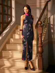 Faeriesty 精致女士新款中式旗袍，立领、无袖剪裁和侧开衩 - 非常适合精致的正式活动、优雅的婚礼、迷人的晚宴、高端派对、商务宴会和著名的颁奖典礼 - 黑色 - 查看 4