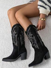 New Pointed Toe Chunky Heel Western-Style Mid-Calf Boots - Black - View 2