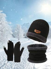 Conjunto unisex de gorro tejido con forro térmico, cuello, bufanda y guantes para otoño/invierno, resistente al viento y cálido para atuendos de invierno juveniles esponjosos