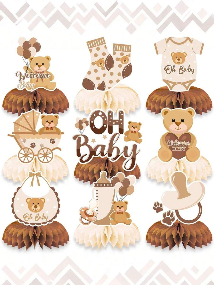 9件套 - 婴儿派对泰迪熊蜂窝中心装饰品，“Oh Baby”3D奶油色蜂窝中心装饰品，适合婴儿性别揭晓派对、婴儿生日派对礼品