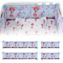 4 件套美人鱼婴儿床保险杠套装 - 透气网眼和柔软棉质安全垫，适用于婴儿床/幼儿床（新品）