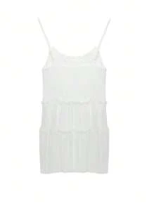 Petite White Lace Trim Spaghetti Strap A-Line Peplum Mini Dress For Women, Summer