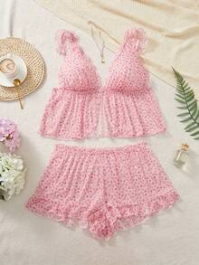 2 Pieces Women's Sexy Pink Floral Print Lingerie Set - Pink - View 1