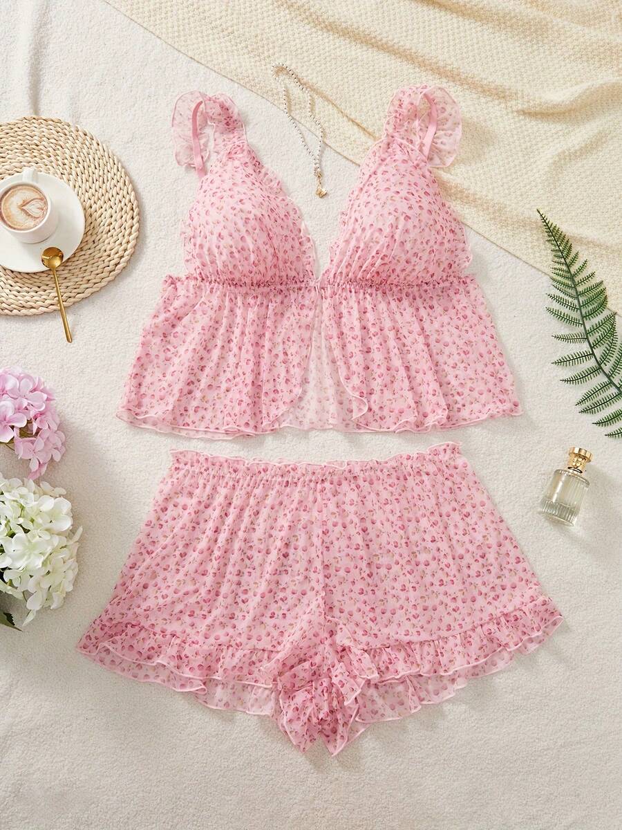 2 Pieces Women's Sexy Pink Floral Print Lingerie Set - Pink - View 1