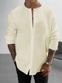 Áo sơ mi nam vải lanh kiểu cổ điển, dáng rộng, màu trơn, cổ tròn, tay dài, thích hợp làm quà tặng Ngày của Cha, đi làm và mặc hàng ngày, kiểu dáng thoải mái, lý tưởng cho kỳ nghỉ biển, cũng là một món quà Giáng sinh tuyệt vời dành cho phái mạnh, cần thiết cho mùa thu. - Màu be - Xem 1