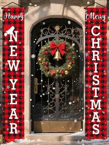 1 conjunto de faixas de Feliz Ano Novo e Feliz Natal, faixas xadrez de Natal com estampa de búfalo, decorações de Natal, decoração para varanda de Natal e Ano Novo, decoração elegante para áreas externas e internas, ideal para varanda, quintal, garagem e casa - Estilo B - Ver 1