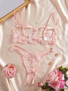 女士镂空刺绣性感内衣套装 - 粉色 - 查看 4