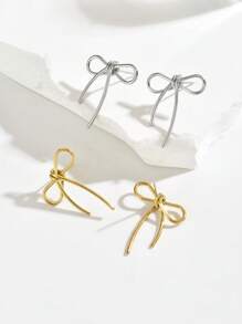 1 对女士优雅蝴蝶结耳钉，简约百搭，适合庆祝、派对、送礼 - 銀色 - 查看 8