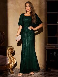 UNITHORSE Square Neck Ruffle Sleeve Pleated Waist Long Sequin Evening Gown, Elegant Formal Dress Suitable For Wedding Guests, Graduation Ceremony, Gala Dinner, Birthday And Other Occasions - Dark Green - View 5