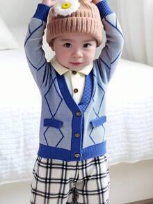 1pc Toddler Boys' Fashionable Lapel Diamond Grid Faux Pocket Long Sleeve Cardigan Sweater, Suitable For Everyday And Vacation, Spring/Autumn/Winter - Blue - View 3