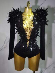 New Shiny Black Rhinestone Velvet Long Sleeve Bodysuit Women Evening Party Club Gala Hosts  Bar Stage Costumes - 黑色 - 查看 1
