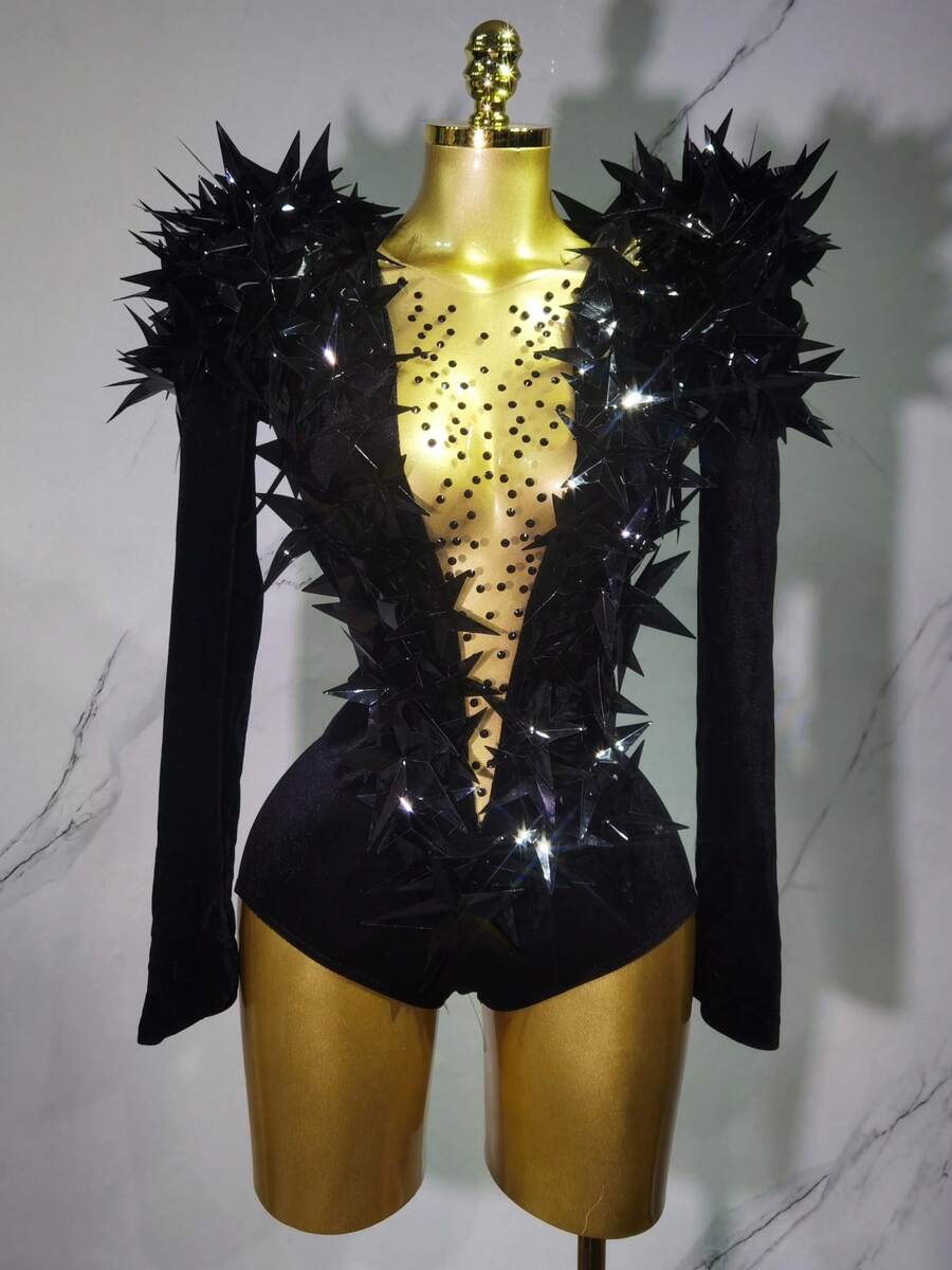New Shiny Black Rhinestone Velvet Long Sleeve Bodysuit Women Evening Party Club Gala Hosts Bar Stage Costumes - 黑色 - 查看 1