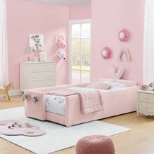 YOGLAD Twin Size Upholstered Platform Bed Frame With Cute Rabbit Ear Shaped Headboard & Safety Rails, Kids Bed With Storage Drawers, Boucle Fabric, Soft Plush Headboard, No Box Spring Needed, Easy Assembly, Modern Nursery Bedroom Furniture For Girls Boys Toddlers - 粉色 - 查看 6