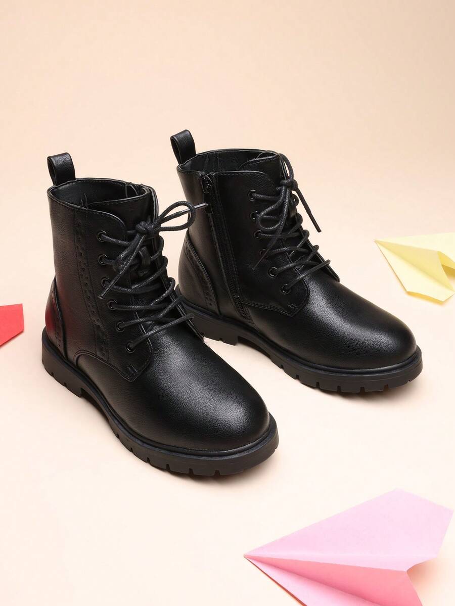 Kids Combat Boots | Ankle-Length Style With Side Zipper For Toddler & Little Kid - BLACK/PU - View 1