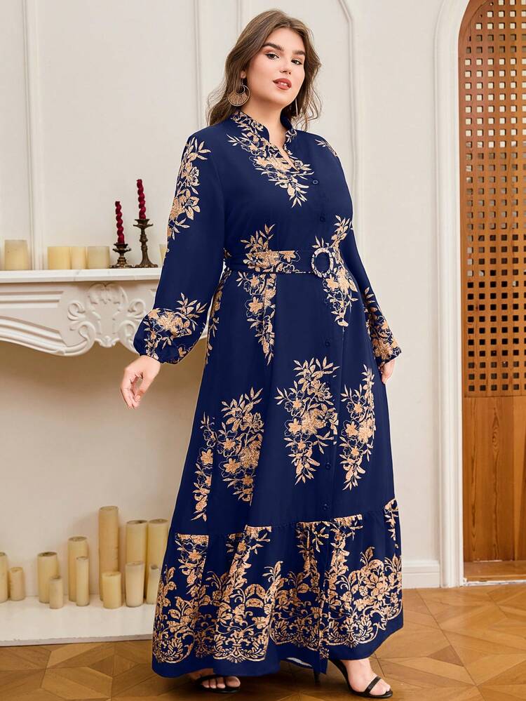 Plus Size Elegant Floral Print Dress Spring - Navy Blue - View 4