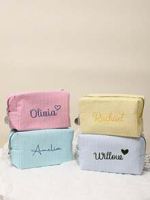 Embroidered Seersucker Cosmetic Bag, (Large + Small) Personalized Seersucker Cosmetic Bag, Custom Embroidered Toiletry Bag, Cosmetic Bag, Bridesmaid Gift, Bridal Party Gift, Cosmetic Storage Bag - Multicolor - View 10