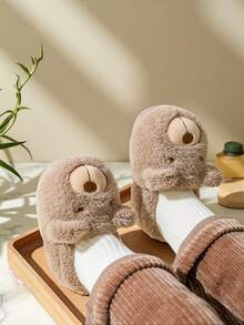 1 par de pantufas infantis de pelúcia com estampa de urso de desenho animado, antiderrapantes, de salto baixo e quentes para uso interno, adequadas para outono/inverno - Caqui - Ver 4